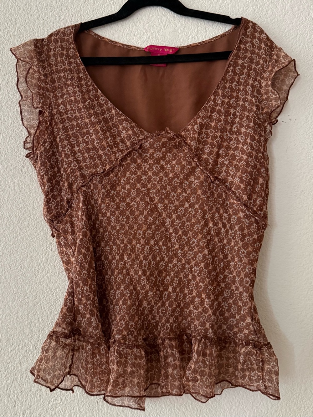 Sunny Leigh 100% Silk Brown Floral Ruffle Blouse Y2K Fairy Grunge Boho Top S